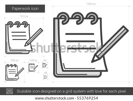 Icono de línea vectorial de papeleo aislado en fondo blanco. Icono de línea de trabajo en papel para infografía, sitio web o aplicación. Icono escalable diseñado en un sistema de cuadrícula.