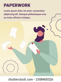 Paperwork Vertical Banner. Businessman Throw Out Pile of Office Papers and Documents. Administrative Working Bureaucracy, Big Data, Manager Employee Daily Routine. Cartoon Flat Vector Illustration