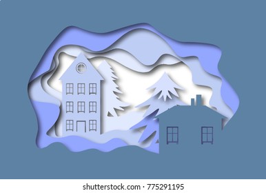 Paperwork winter town with Christmas trees and snow