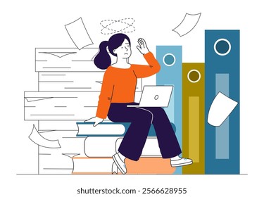 Lot of paperwork. Woman with laptop sits near stack of papers. Overworked employee with emotional burnout. Secretary and clerk. Workaholic in office. Linear vector illustration