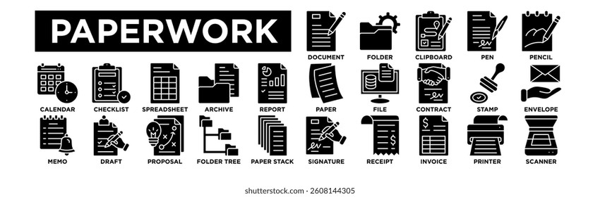 Paperwrok icon set. Containing Document, Folder, Clipboard, Pen, Pencil, Paper, File, Contract, Stamp, Envelope, Calendar, Checklist, Spreadsheet, Archive, Report, Signature, Receipt, Invoice, Printer