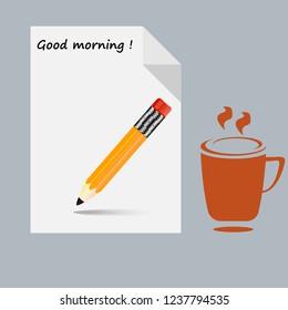 paper,yellow pencil and coffee