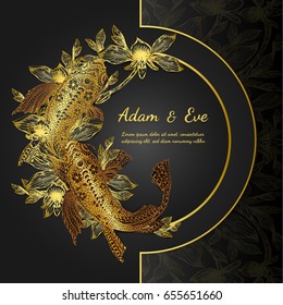 Paphiopedilum orchids and koi fish card by hand drawing.Flower with japan fish on black background