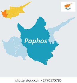 Paphos Cyprus Map and Flag - Pafos, Aphrodite's Birthplace, Tombs of the Kings and UNESCO Historical Sites Vector Outline.