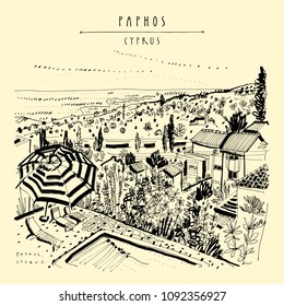 Paphos seafront, Cyprus, Europe. Swimming pool, striped umbrella. Relaxed atmosphere. Hotel on the hill overlooking the Mediterranean. Hand drawn Mediterranean landscape. Vector illustration