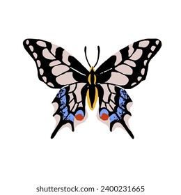 Papilio Machaon, Old World Swallowtail. Exotic butterfly, bright insect with patterned wings. Small flying animal. Macro nature, fauna. Flat isolated hand drawn vector illustration on white background