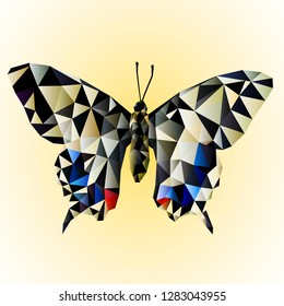 Papilio machaon. Swallowtail butterfly in the style of low poly, in black, gray, white, brown, blue, red colors. Triangular gradient. View from above. Vector illustration.