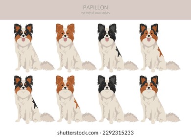 Papillon clipart. Different poses, coat colors set.  Vector illustration