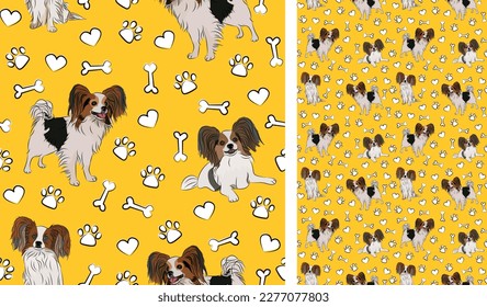 Papillon dog on a playful yellow background with bones and paws. Funky, colorful vibe, vibrant palette. Simple, clean, modern texture. Summer seamless pattern with dogs. Birthday present. Valentine.