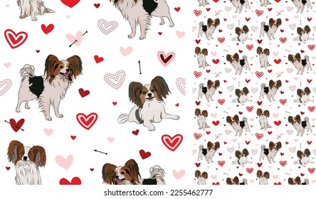 Papillon dog Valentine's day heart wallpaper. Love doodles hearts with pets holiday texture. square background, repeatable pattern. St Valentine's day wallpaper, valentine present, print tiles.