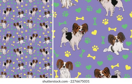 Papillon dogs on a playful violet background with bones, hearts, paws. Funky, colorful vibe, vibrant palette. Simple, clean, modern texture. Summer seamless pattern with dogs. Birthday present. Card
