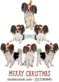 Papillon dogs wearing winter hats. Cute funny dogs. Character design. Abstract Christmas tree. Vector illustration. Merry Christmas greeting card with the cute funny dogs, holiday poster. Small dog.