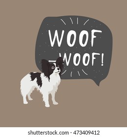 Papillon french dog colorful hand drawn illustration with banner woof-woof