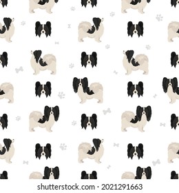 Papillon seamless pattern. Different poses, coat colors set.  Vector illustration