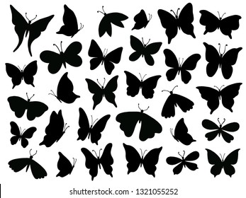 Papillon silhouette. Mariposa butterfly wing, moth wings silhouettes and spring flower butterflies. Fluttering monarch insect or papillon isolated vector illustration icons set