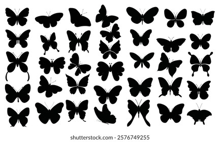 Papillon silhouette, Mariposa butterfly wing, moth wings silhouettes and spring flower butterflies isolated set