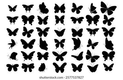 Papillon silhouette, Mariposa butterfly wing, moth wings silhouettes and spring flower butterflies isolated set