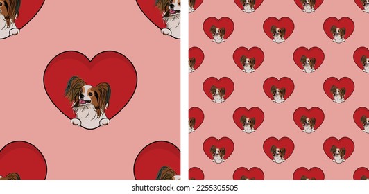 Papillon small dog with paws pattern, Valentine's day red heart wallpaper. Love heart with pet head holiday texture. Dog face Holding Heart Cartoon square background. St Valentine's day present paper.