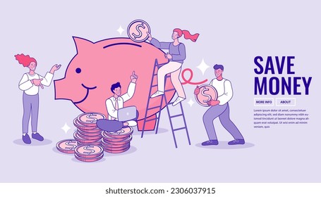 Paple holds coin and piggy bank in hand. saving money. woman holding coin of savings. Deposit, finance, investment concept for banner. vector design illustrations.