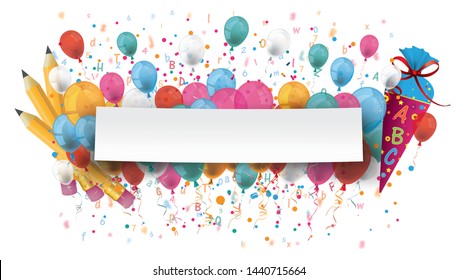 Papper banner with balloons, confetti, pencils and letters. Eps 10 vector file.