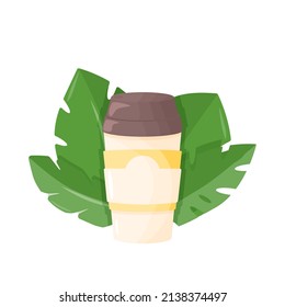 Papper Cup of Hot Coffee with green leaves. Vector Illustration isolated on white background. Decorative Design for Cafeteria, Posters, Banners, Cards.