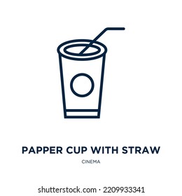 Papptasse mit Strohsymbol aus der Filmsammlung. Dünne lineare Papptasse mit Stroh, TV, Filmkontursymbol einzeln auf weißem Hintergrund. Linie Vektor Papper Becher mit Strohzeichen, Symbol für Web und 