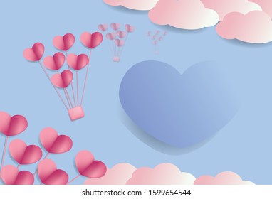 
papper cut banner with hearts and clouds for valentines day.