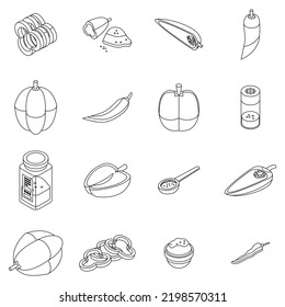 Paprica icons set. Isometric set of paprica vector icons outline thin lne isolated on white