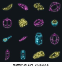 Juego de iconos de Paprica. Conjunto isométrico de iconos vectoriales de paprica color de neón en negro