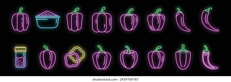 Paprica icons set outline vector. Capsicum bell. Chilli vegetable neon color on black