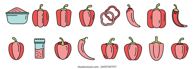 Paprica icons set outline vector. Capsicum bell. Chilli vegetable thin line color flat on white