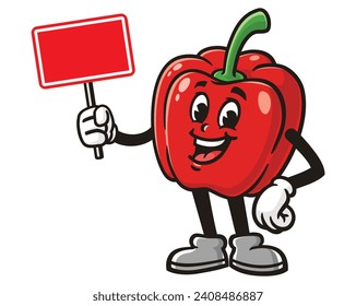 Paprika bell pepper with blank sign board cartoon mascot illustration character vector clip art hand drawn