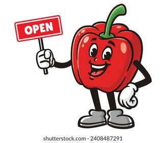 Paprika bell pepper with open sign board cartoon mascot illustration character vector clip art hand drawn