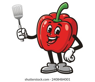 Paprika bell pepper with spatula cartoon mascot illustration character vector clip art hand drawn