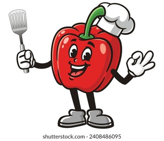 Paprika bell pepper with a spatula and wearing a chef's hat cartoon mascot illustration character vector clip art hand drawn