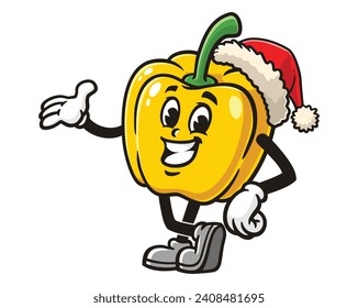 Paprika bell pepper wear Christmas hat cartoon mascot illustration character vector clip art hand drawn