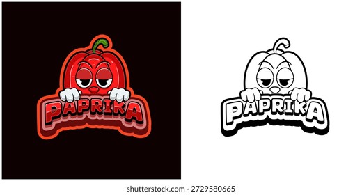 Logo do desenho animado da páprica com texto e uma alta expressão. Cor completa e design preto e branco. Design para adesivo, rótulo, tampa, embalagem, camiseta, negócios e produto. Vetores e ilustrações.