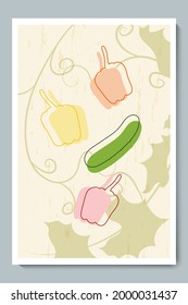 Paprika and Cucumber Outline Poster. Minimalist Red, Green, Orange, Yellow Vegetables with Shapes, Contour and Green Leaves for wallpaper, wall decoration, postcard, brochure, design menu, cafe market