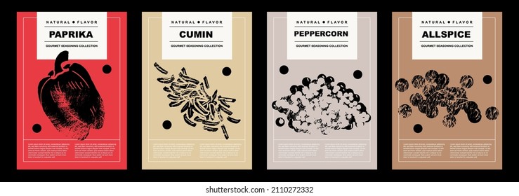 Paprika, cumin, peppercorn, allspice. Set of posters of spices and herbs in a abstract draw design. Label or poster for food preparing and culinary. Simple, flat design. For poster, cover, banner. 