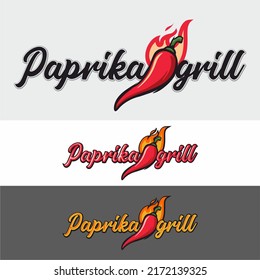 Paprika grill logo vector 3 pieces. Pepper, grill, fire, flame, barbecue. Cursive. Stylish layout for your establishment, bar, restaurant, cafe. Mockup, logo, design, identity, corporate identity.