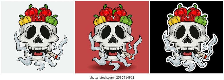 Paprika Inside Skull Head With Smoking Character Cartoon. Black White, Colorful and Sticker Style. For T shirt print, Brand Logo, Label and Mascot product. Vectors Illustrations