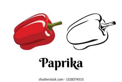 Paprika isolated on white background. Vector color illustration of bell pepper in cartoon flat style and black and white outline. Vegetable Icon.