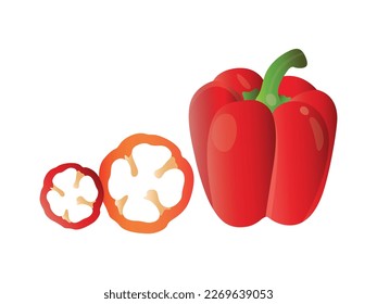 Paprika einzeln auf weißem Hintergrund.  Ganze und geschnittene bulgarianische Glockenpaprika einzeln auf weißem Hintergrund. Cartoon rote Paprika Symbol Illustration. 