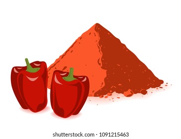 Paprika powder and bell pepper isolated on white background.