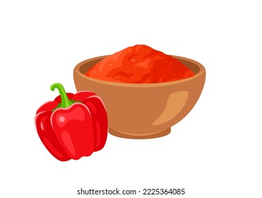 Paprika powder in bowl and fresh red bell pepper isolated on white. Vector cartoon flat illustration. Spice icon.