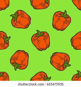 Paprika red pepper spice vector seamless pattern, fresh organic food ingredient on green