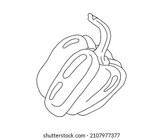 Paprika. Set of vegetables and fruits, line drawing, black outline, contour.