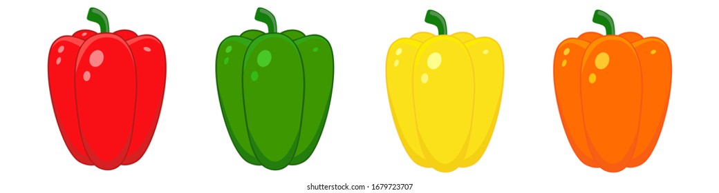 Paprika set wish slices isolated on white background. Vector illustration. Sweet red green yellow orange bell peppers