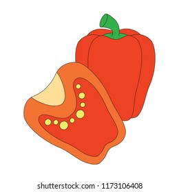 Paprika and slice cartoon. Outlined illustration with thin line black stroke