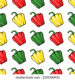 Paprika vector seamless pattern. Green, yellow and red vector flat elements on white background. Best for textile, wallpapers, home decoration, wrapping paper, package and web design.